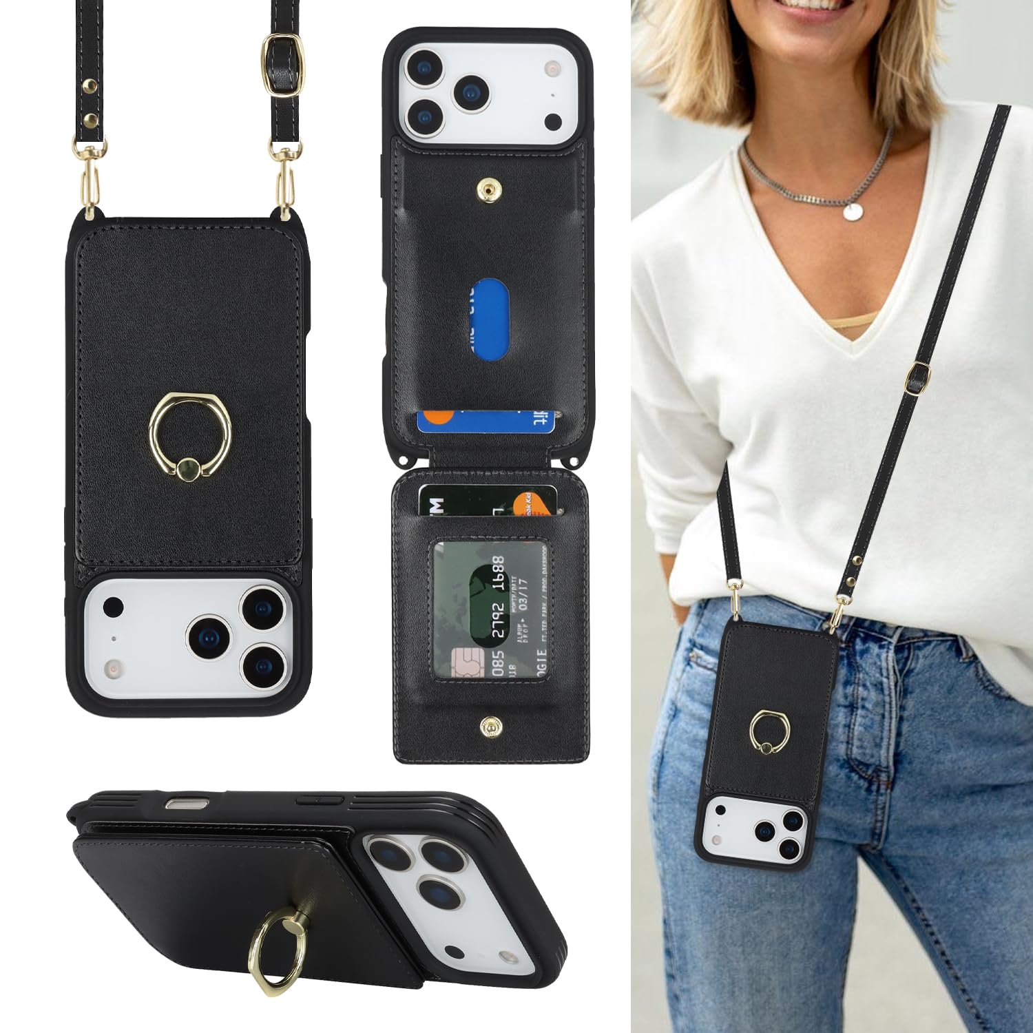 Lipvina Crossbody Wallet for iPhone 18 Pro / 17 Pro Case with Strap-Black | Cute