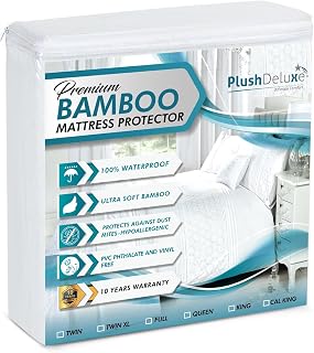 PlushDeluxe Bamboo Waterproof Mattress Protector, King Size, Ultra Soft | Breathable, Noiseless, Hypoallergenic, Washable, 76x80" Up to 18" Deep, Viscose Derived from Bamboo Mattress Cover, White