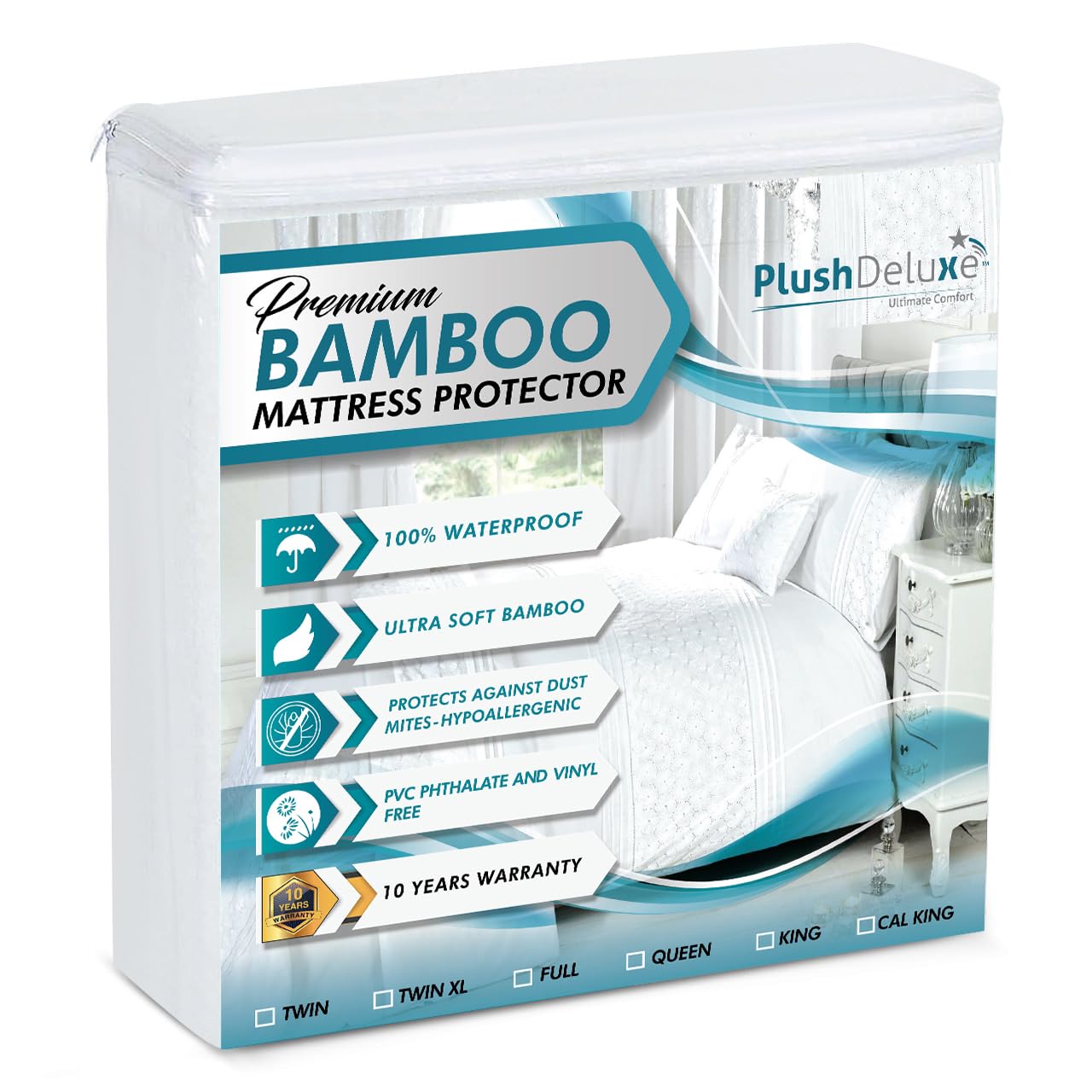 PlushDeluxe Bamboo Waterproof Mattress Protector, King Size, Ultra Soft | Breath