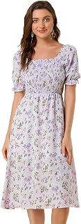 Allegra K Womens Cottagecore Floral Dress Puff Sleeve Smocked Midi Dresses