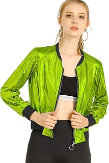 Womens Halloween Jacket Glitter Crew Neck Long Sleeve Holographic Lightweight 90S Shiny Metallic Bomber Jacket