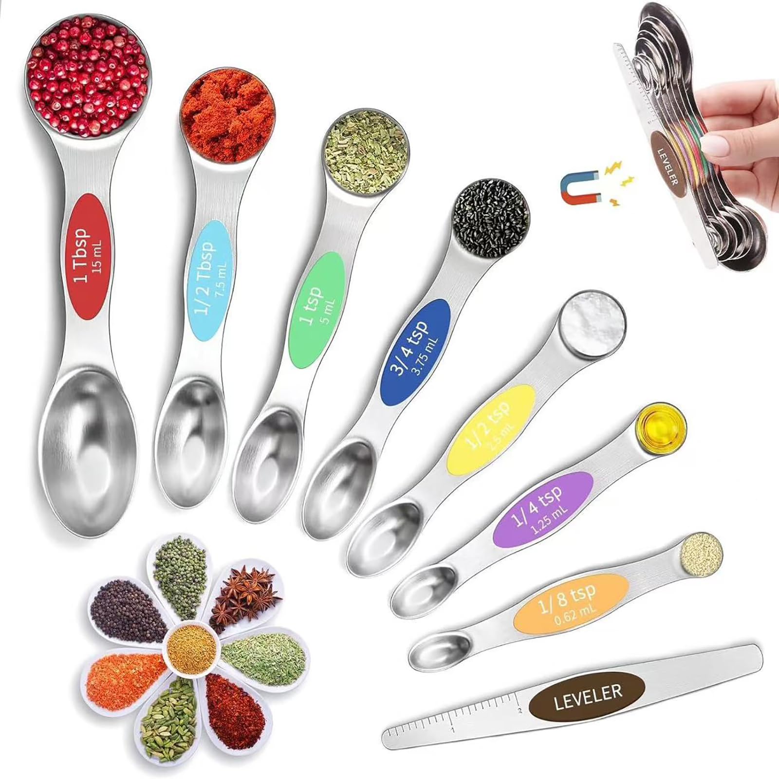 8 Pcs Stainless Steel Magnetic Measuring Spoons Set with Leveler, Double Sided M