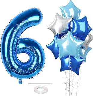 Royal 40" Dark Blue Number 6 Helium Foil Mylar Balloon - Teal Blue Self Inflating Silver Star Number 6 Balloon for Boys 6th Birthday Party Graduation Decor