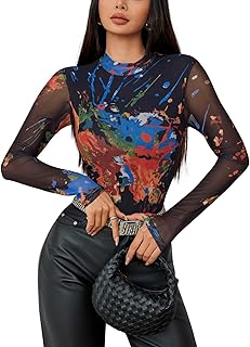 AVZXSA Body de manga larga con forro de malla estampada para mujer con entrepierna a presión, cuello alto falso, sexy, de una pieza, a la moda, para discoteca