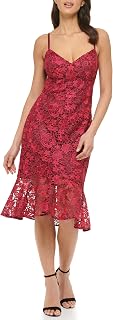GUESS Women's Lace Ruffle Hem Midi Dress