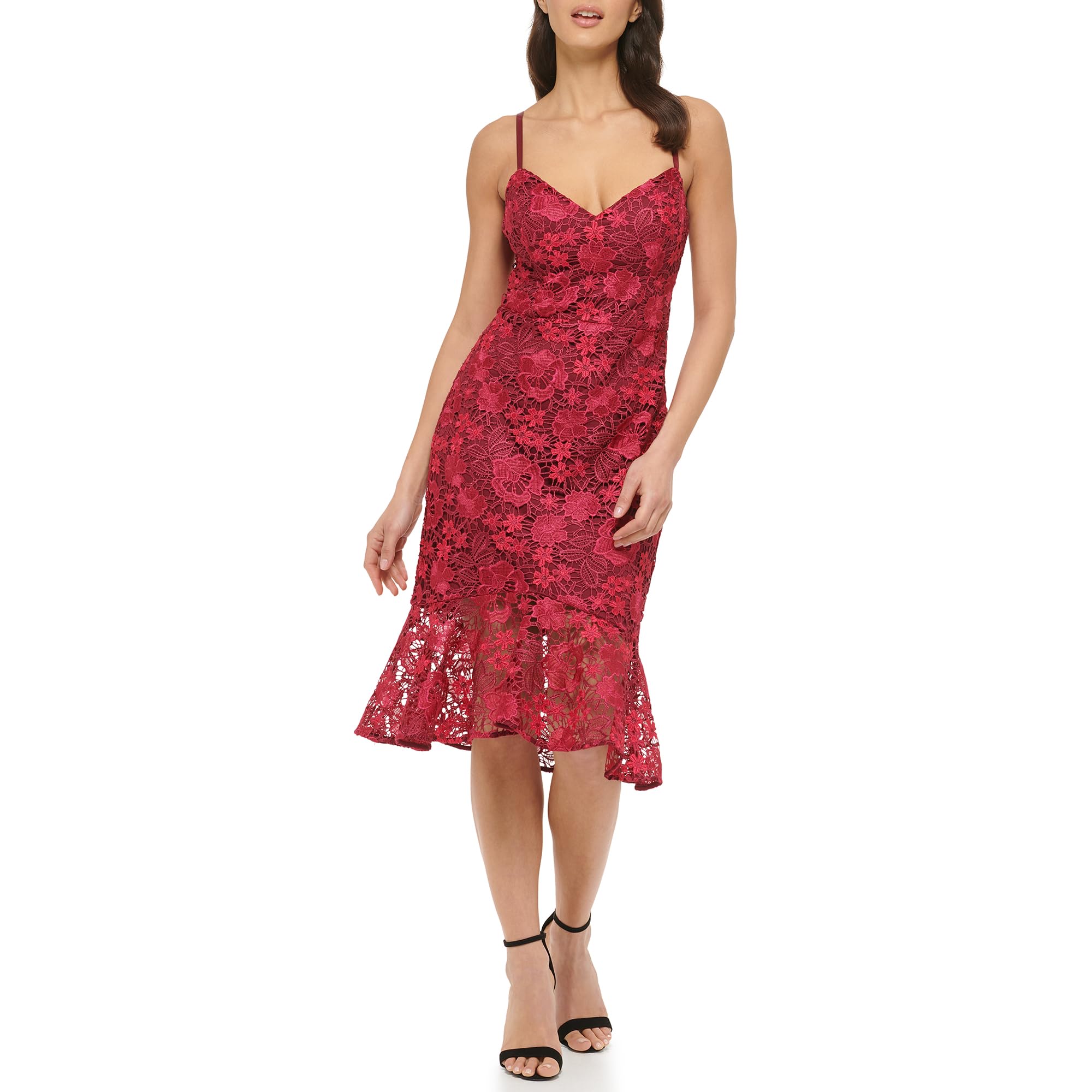 GUESS Women's Lace Ruffle Hem Midi Dress