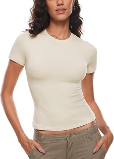 INLYRIC Camisetas de verano de manga corta para mujer, de algodón, a la moda, básica, informal, cuello redondo, de una sola capa
