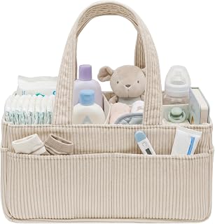 Baby Diaper Caddy Organizer, Portable Corduroy Diaper Storage Basket with Handle, Nappy Caddy Storage Basket for Newborn Essentials and Diaper Station, Baby Shower Gifts for Boy or Girl