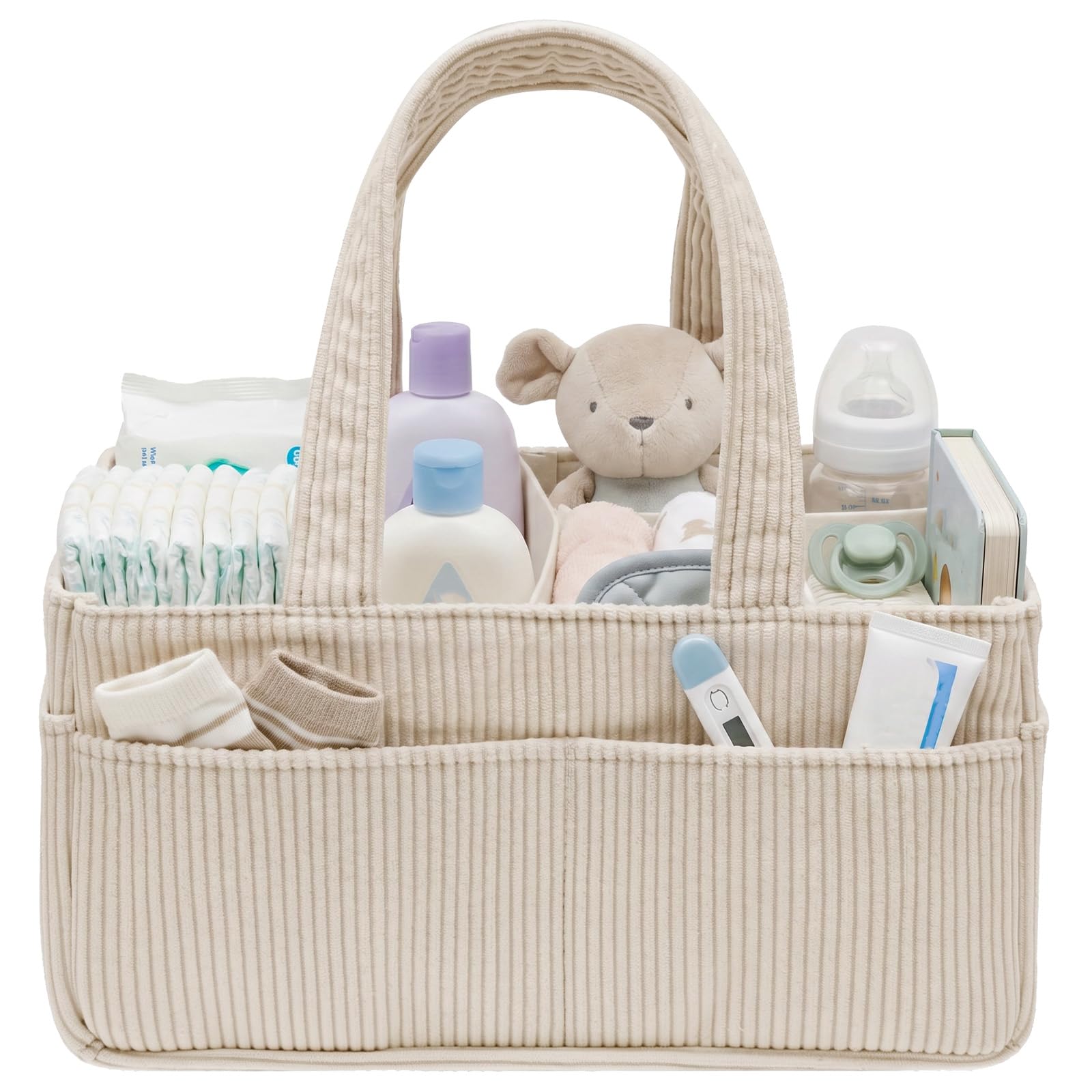 Baby Diaper Caddy Organizer, Portable Corduroy Diaper Storage Basket with Handle