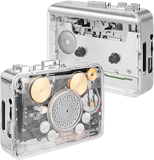 Auto‑Reverse Cassette Player with Speaker, Transparent See‑Through Shell Copper Wheel Tape Walkman, Digitize Cassette to MP3 onto USB Flash Drive, Dual Power, Stereo Earphones Included (Silver)