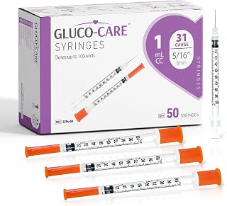 GLUCO-CARE 1ml /cc Syringes 31G x 5/16’’ (8mm), Orange Cap, Box of 50 pcs | Fine Tip, Home & Lab Use, Clear Barrel, Bold Scale, Smooth Plunger Movement with back-end stopper, Leak-Proof Design