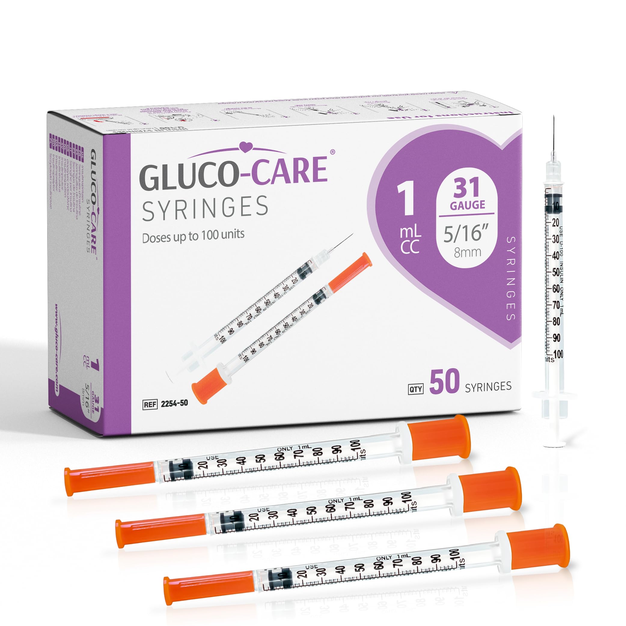 GLUCO-CARE 1ml /cc Syringes 31G x 5/16’’ (8mm), Orange Cap, Box of 50 pcs | Fine