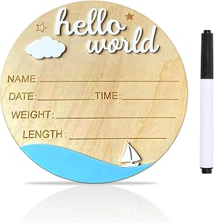 Baby Announcement Sign, 5.9 Inch Wooden Hello World Newborn Signs, Birth Announcement Sign and Pen, Clouds and Sailboats Decoration, Welcome Newborn Arrival to World, Hospital Nursery for baby (white)
