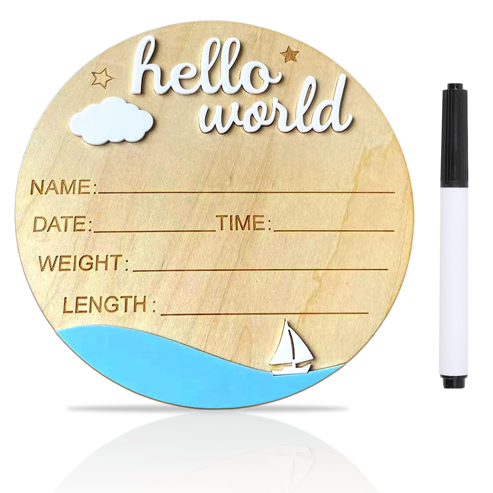 Baby Announcement Sign, 5.9 Inch Wooden Hello World Newborn Signs, Birth Announc