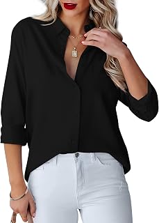 Diosun Womens Button Down Shirts V Neck Long Sleeve Office Casual Business Plain Blouse Tops with Pocket