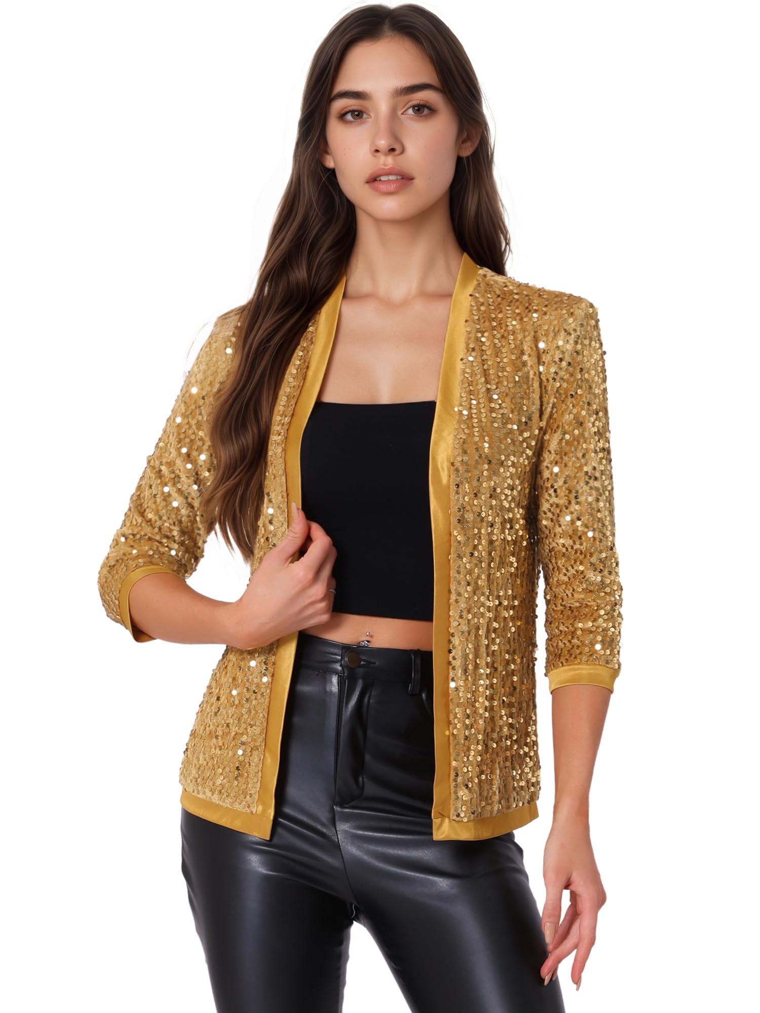 Allegra K Ladies Sequin Cardigan Velvet Coat 3/4 Sleeves No Open Front Collar