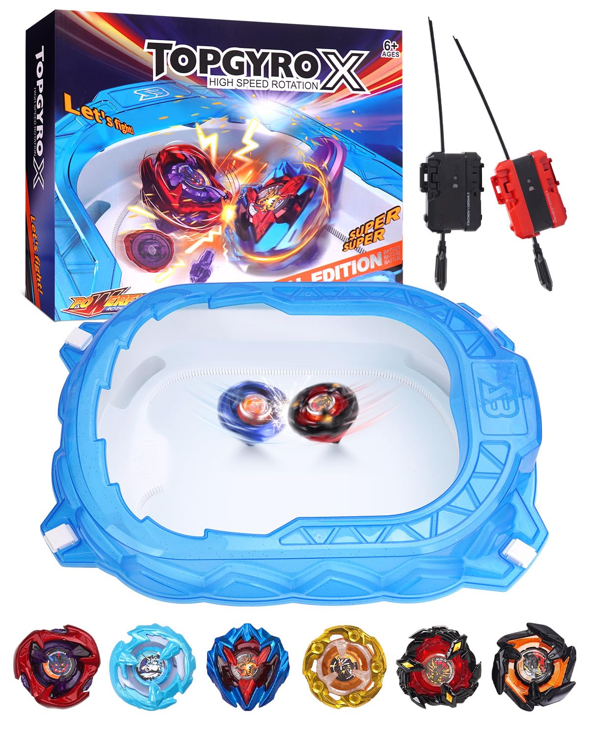 BGOVTAPO X Stadium Starter Kit - 6 Battle Tops Arena Set with 2 Launchers | Acce