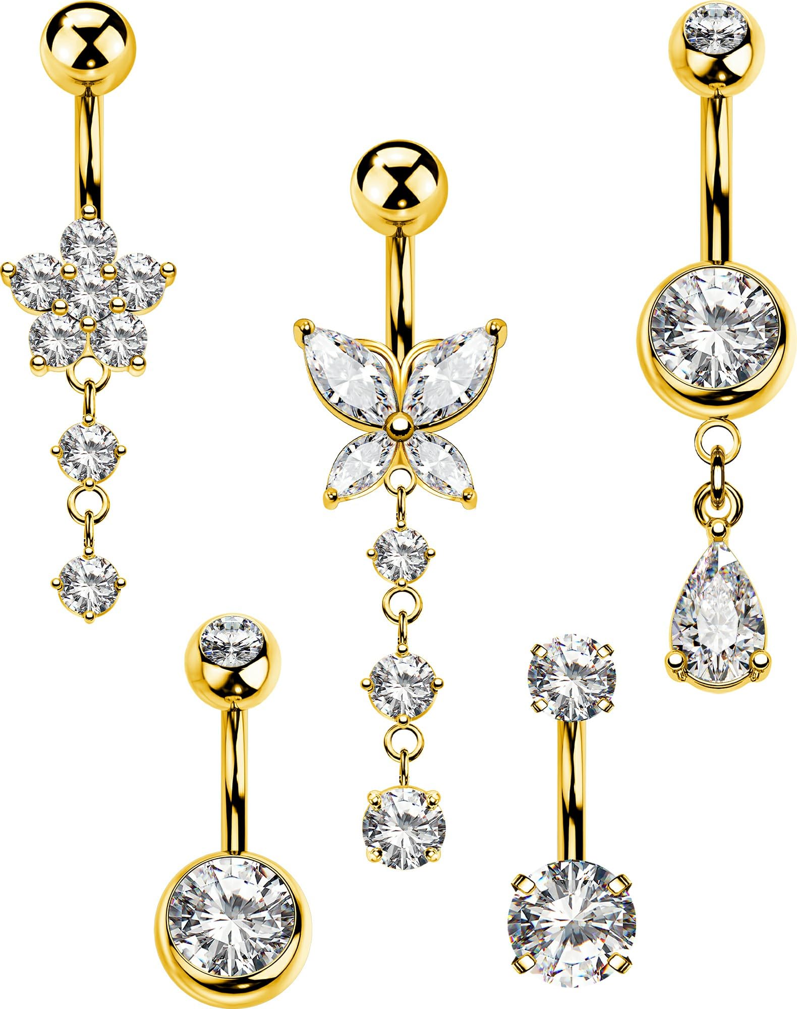 OUFER 5PCS Belly Button Rings Dangle– 14G Surgical Steel Belly Button Piercing, 