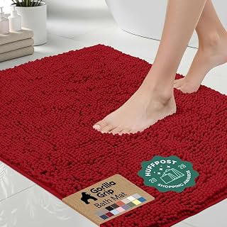 GORILLA GRIP Bath Mat, Thick Soft Absorbent Chenille Floor Mats, Rubber Backing Bathmat, Quick Dry Rug, Machine Washable Rugs for Shower and Tub Floors, Bathroom Accessories Decor, 61x43 cm, Red