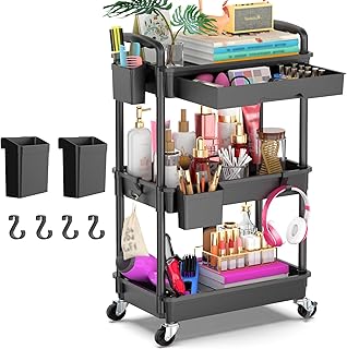 Goovilla 3 Tier Rolling Utility Cart Organizer with Removable Drawer Black | Stable and Sturdy Rolling Storage Carts with 2 Lockable Wheels for Bathroom, Kitchen, Snack, Craft, Makeup, Baby Essentials