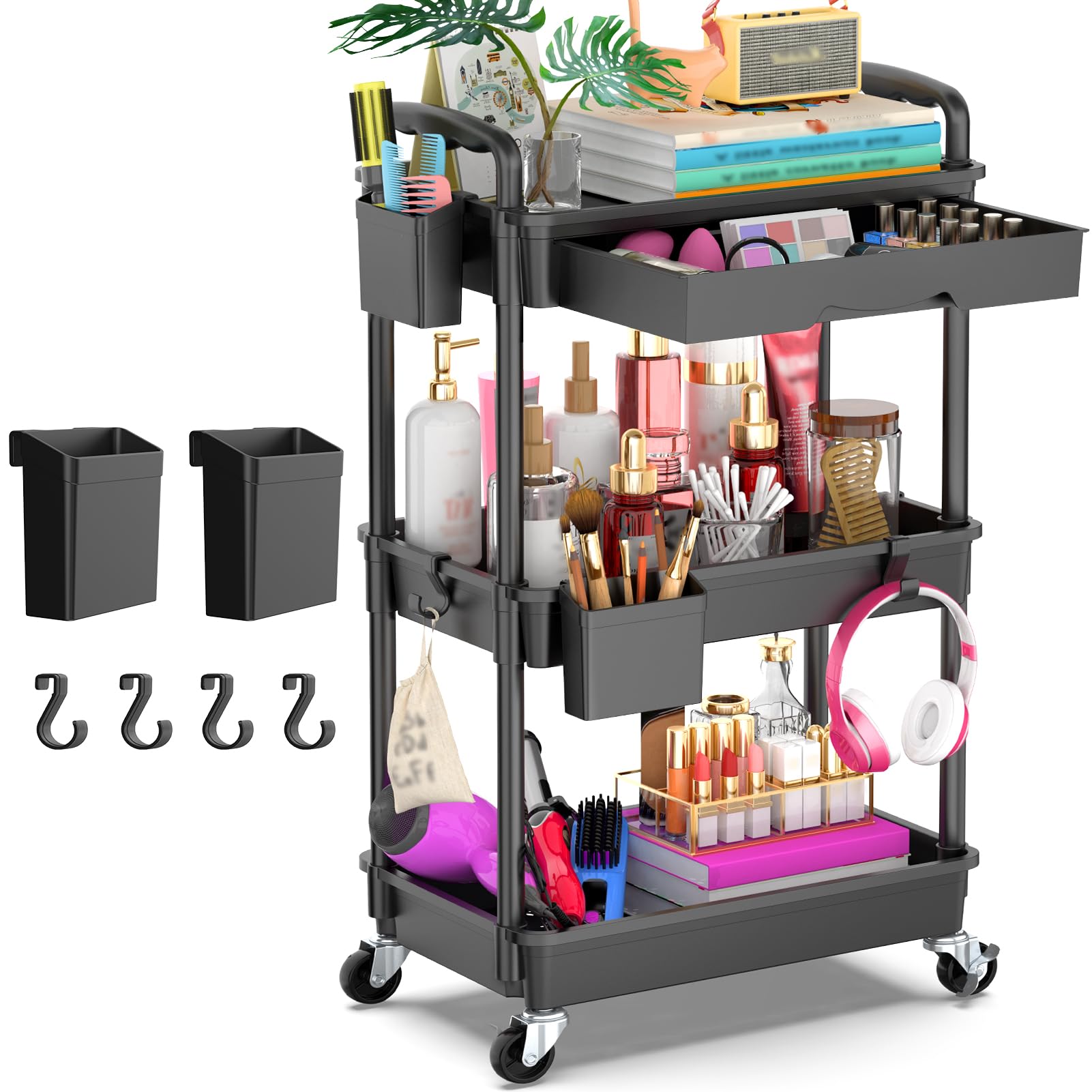 Goovilla 3 Tier Rolling Utility Cart Organizer with Removable Drawer Black | Sta