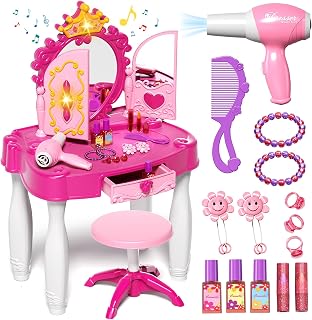 Eohemeral Toddler Kids Vanity with Music Mirror & Chair | Kids Makeup Vanity Set with Accessories and Lights and Music Sound for Girls, Toddlers 3 4 5 Years Old