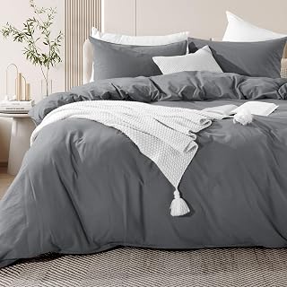 NEXHOME PRO Cotton Duvet Cover Set Kids Twin Size Linen Look Textured Organic Natural 100% Washed Cotton Duvet Cover 2 Pieces Bedding Set with Zipper Closure, Breathable, Soft, Grey (No Comforter)