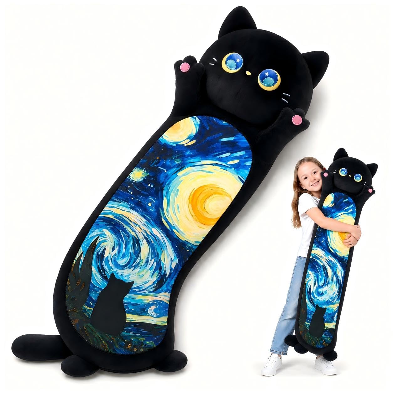Mewaii Body Pillow Long Black Cat Plush 43 in, Extra Filling Soft Cute