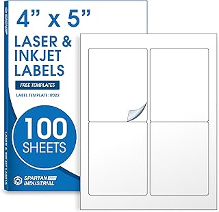 4" X 5" Matte White Printable Shipping Labels (100 Sheets, 400 Stickers) | Address and Mailing Labels for Laser & Inkjet Printers - Spartan Industrial Template R022