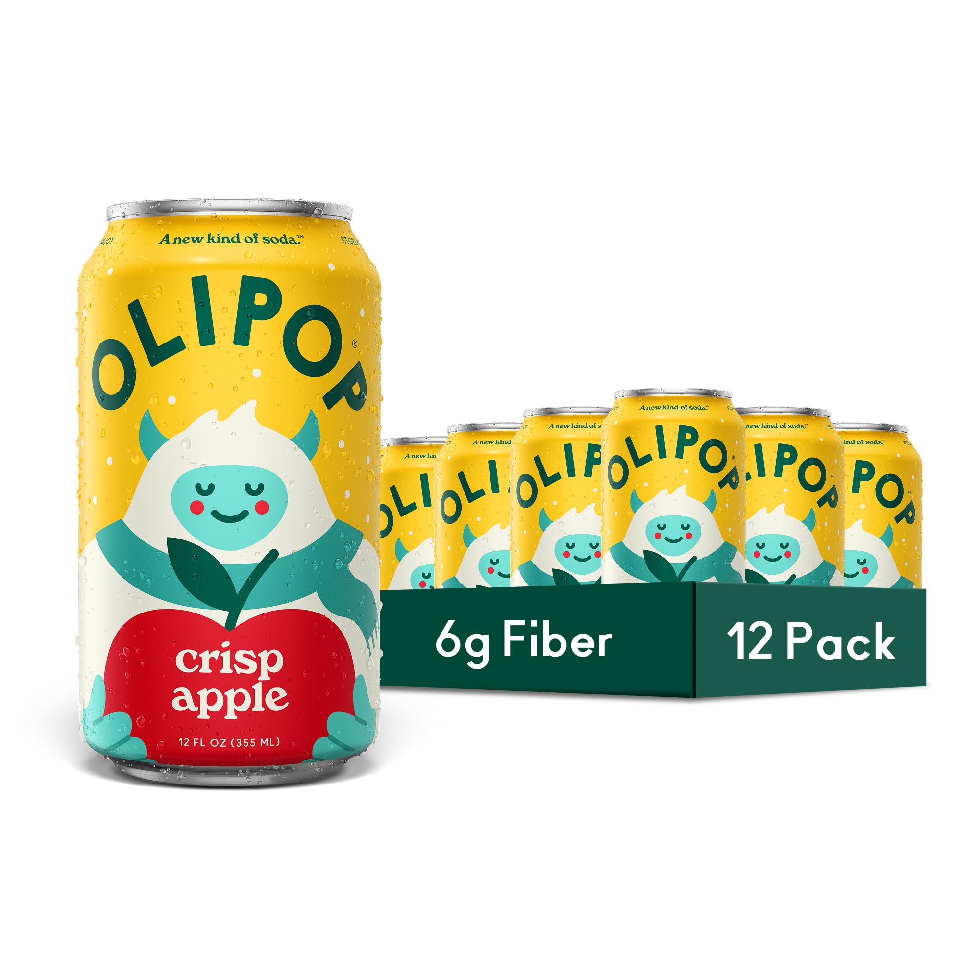 OLIPOP 6g Fiber Prebiotic Soda, Crisp Apple, 12 fl oz, 12 Pack | Shelf Stable Pr