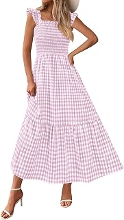 PRETTYGARDEN Abito estivo da donna casual con scollo quadrato con volant e cinturino a quadretti con punto smock Midi Flowy A Line Beach Vacanze Abiti da sole