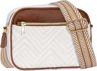 Crossbody Bags for Women, Quilted PU Leather Shoulder Bag with Adjustable Wide Strap, Small Camera Crossbody Purses for Women, Trendy White Handbag Multi Compartment for Travel Shopping Work