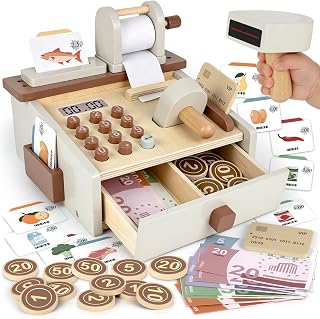 Wooden Cash Register Toy for Kids Pretend Play with Scanner & Money | Birthday Gift for Boys Girls Play Money Preschool Montessori Learning Toys Role-play Math Skills Grocery Store Fun