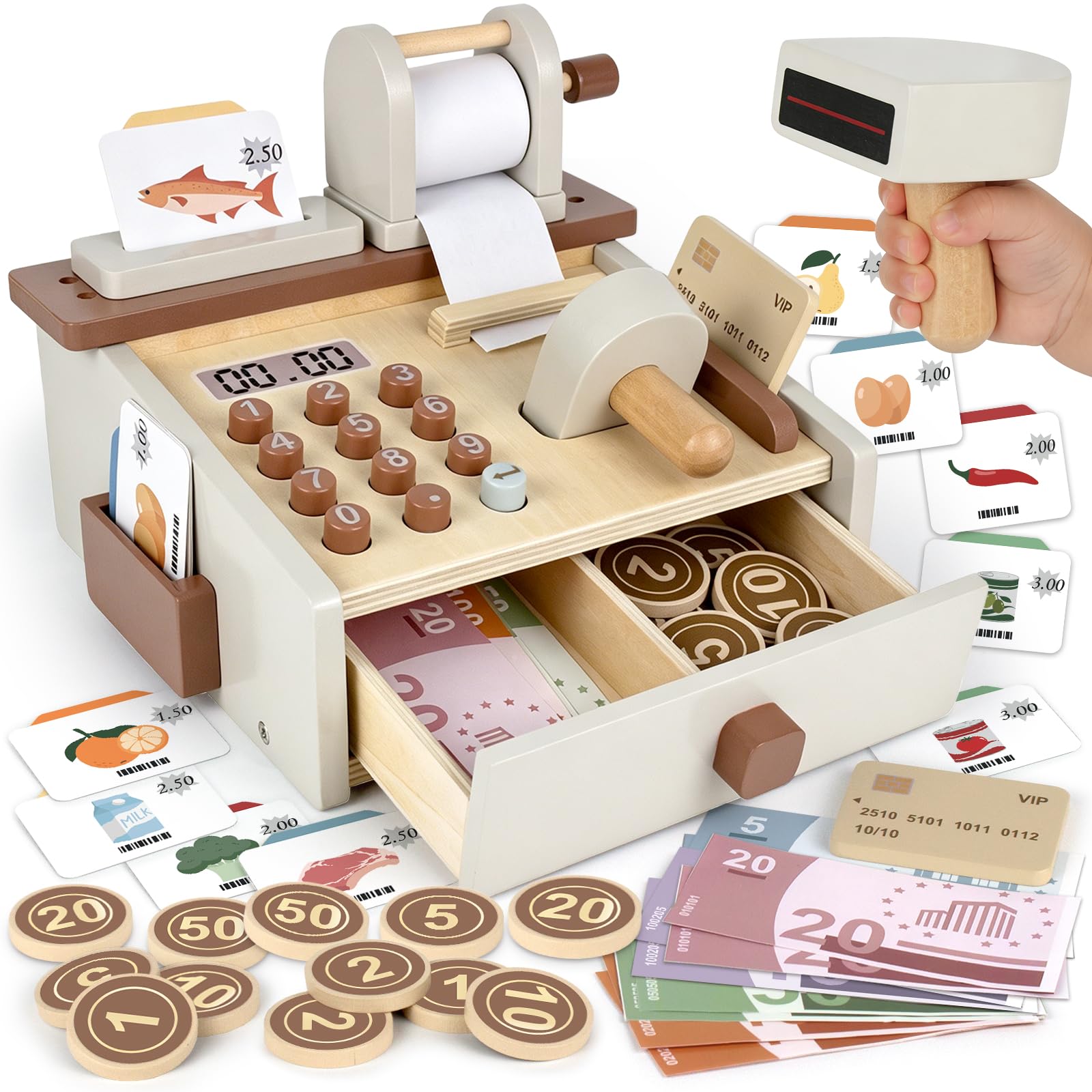 Wooden Cash Register Toy for Kids Pretend Play with Scanner & Money | Birthday G