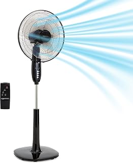 Amazon Basics 16" Pedestal Fan with Remote for Bedroom, Living Room, Office, Adjustable Height, Dual-Layered Blades, 3 Speeds, 3 Modes, Timer, Tilt Head, 60W, Black