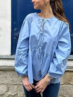 Women Casual Tie Front Round Neck Long Sleeve Fashion Basic Top Blouse