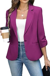 ELLEVEN Women's Ruched 3/4 Sleeve Blazer, Lightweight Fitted Jacket