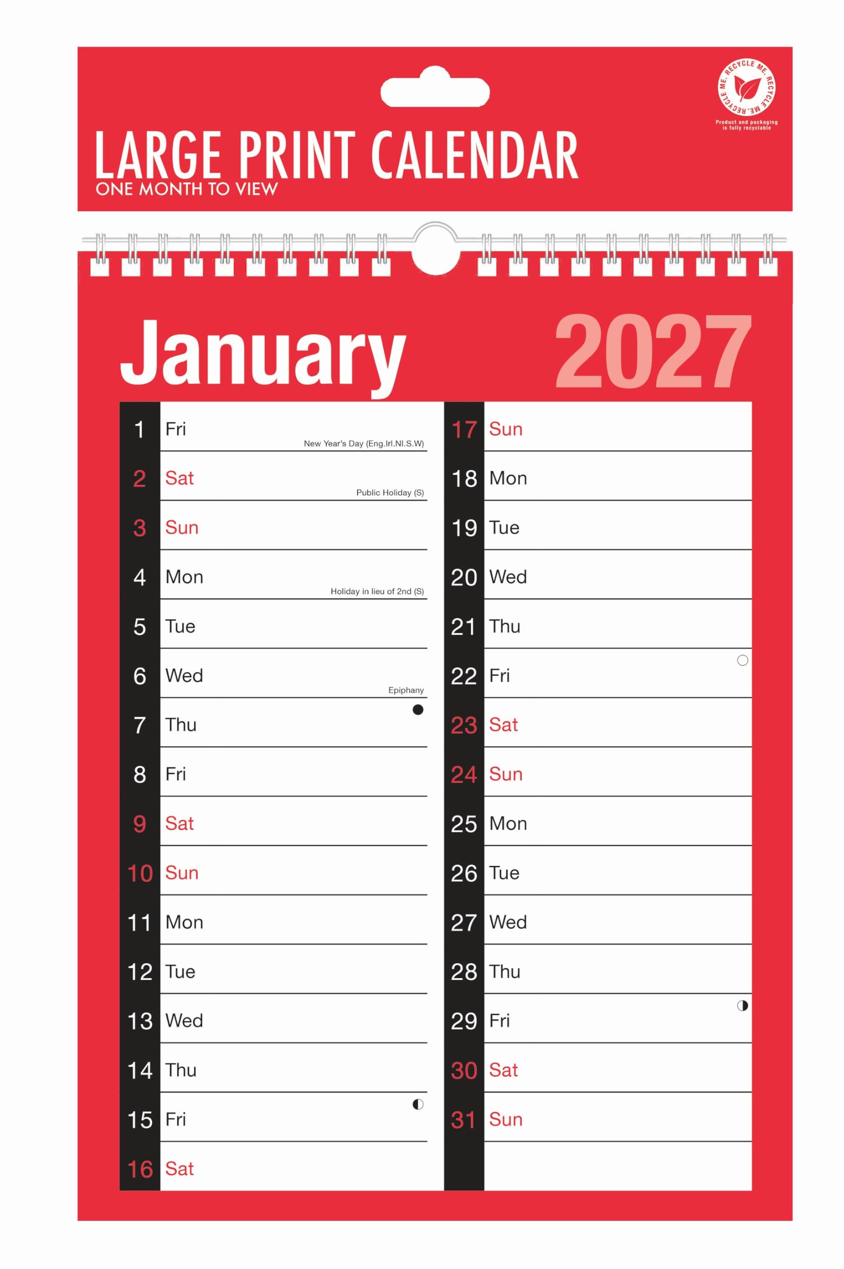 Calendar 2027 A4 Wall Planner | Month To View, Two Column, Spiral Bound