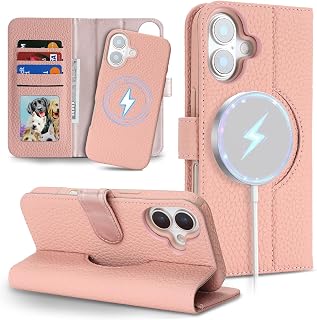 Detachable Genuine Leather Case for iPhone 17 Wallet Case Magnetic 2in1 Removable Flip Cover Book Purse Compatible with Magsafe Charging Kickstand Card Holder-Pink