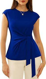 GRACE KARIN Women Cap Sleeve Tops 2025 Summer Tie Waist Crew Neck Elegant Blouse Elegant Casual Work Shirts