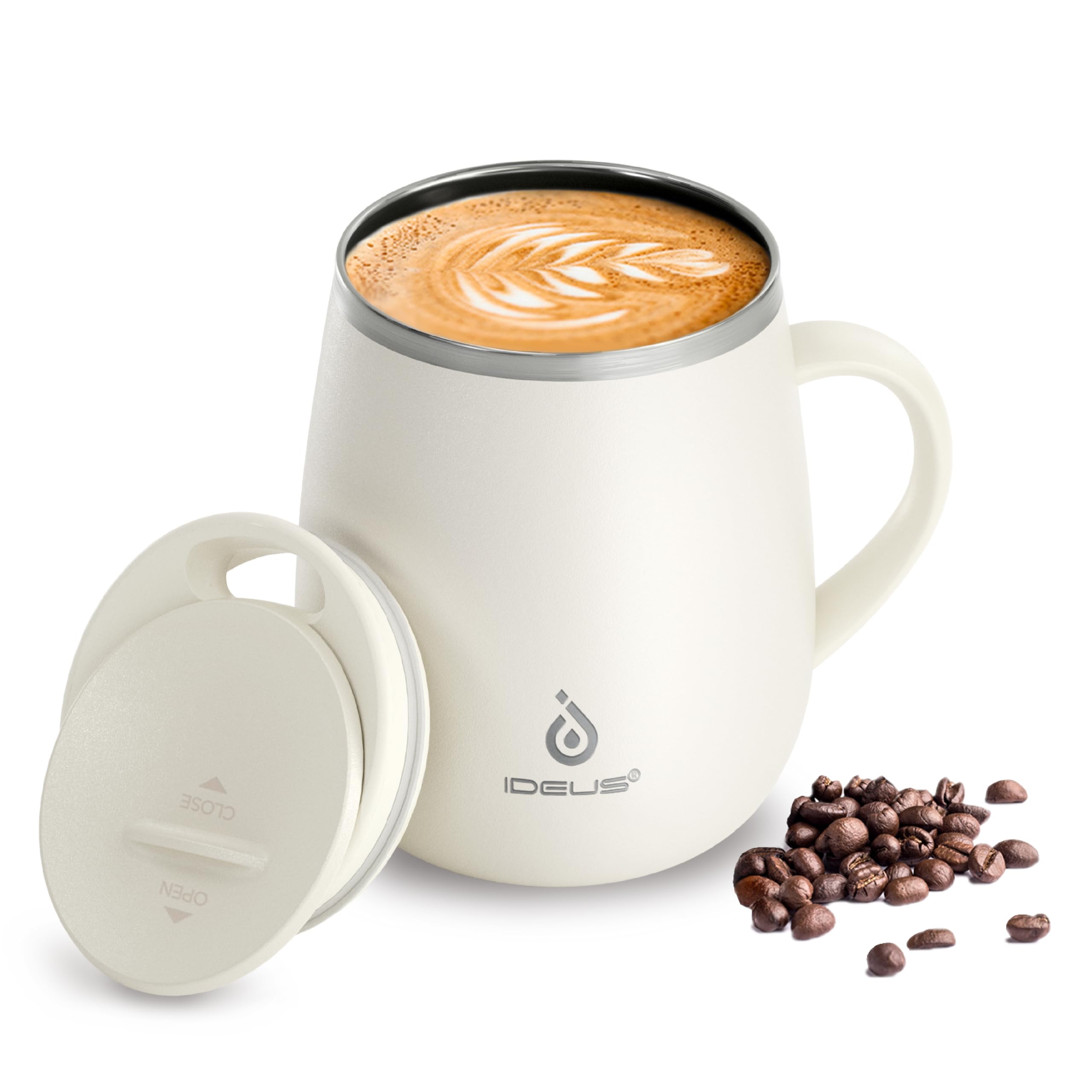 Ideus 16 oz Insulated Coffee Mug with Lid and Handle (White 2.0)