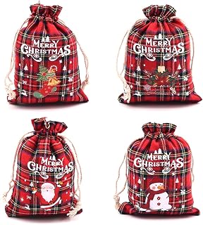 4 Pack Christmas Gift Bags, Small Christmas Gift Bags, Small Christmas Gift Bags for Holiday Gifts, Plaid Cotton Bag 5 x 7 Inches