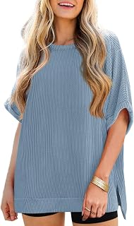 Tankaneo Oversized T Shirts for Women Summer Casual Ribbed Short Sleeve Loose Fit Tunic Tops