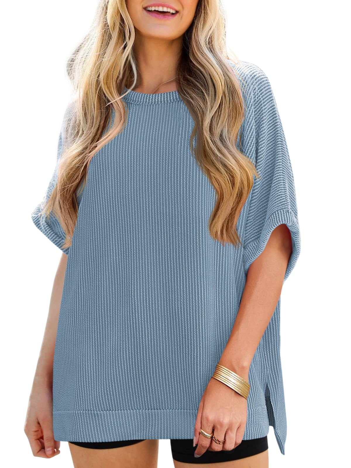 Tankaneo Oversized T Shirts for Women Summer Casual Ribbed Short Sleeve Loose Fi