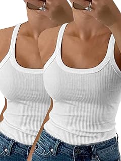 DUOEASE Spaghetti Top Women's Summer 2025 Ribbed Crew Neck Tank Top Basic Plain Slim Fit Stretch Top