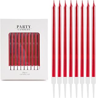 24pcs Red Birthday Candles for Cakes,10cm Tall Metallic Skinny Candles Cake Topper with Holders for Birthday Parties Cake Wedding Party Decorations
