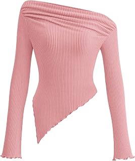 PRETTYGARDEN Women's Long Sleeve Y2K Crop Top Trendy Off Shoulder Asymmetrical Fitted Knit Tee Shirts Going Out Tops