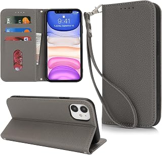 【Hamany】 対応 iphone11ケース 手帳型 いpほね11ケース カード収納 アイフォン11 ケース スマホ ストラップ -グレー