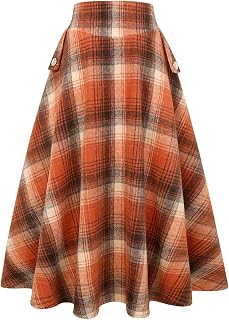IDEALSANXUN Women’s Fall Winter High Waisted Wool Plaid A-line Long Skirt