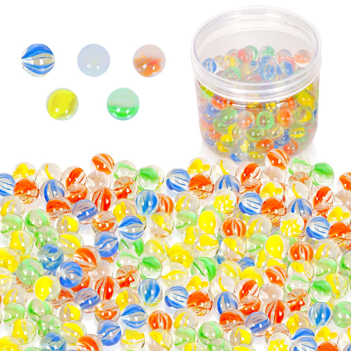 PowerKing 200 Count Bulk Clear Mixed Colors Glass Marbles, Colorful Cat Eyes 9/1